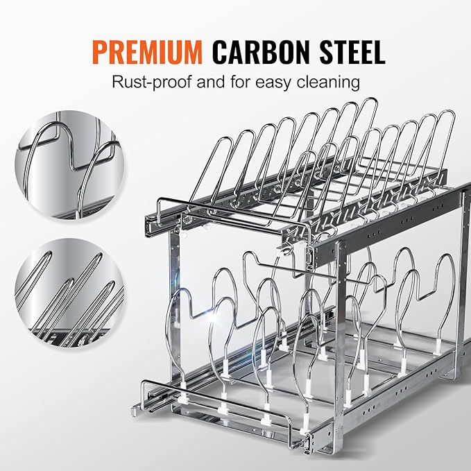 VEVOR Pan and Pot Rack, 2-Tier Expandable Pull Out Under Cabinet Organizer, 12"W, Carbon Steel, Double Tier