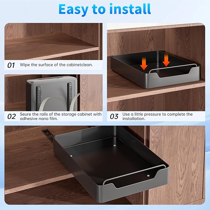 Pull out Cabinet Organizer,Nano adhesive fixing without harming cabinets,Slide out drawer storage rack for plates and spice bottles in kitchen and living room,12.2" W *16.9" D* 2.75" H