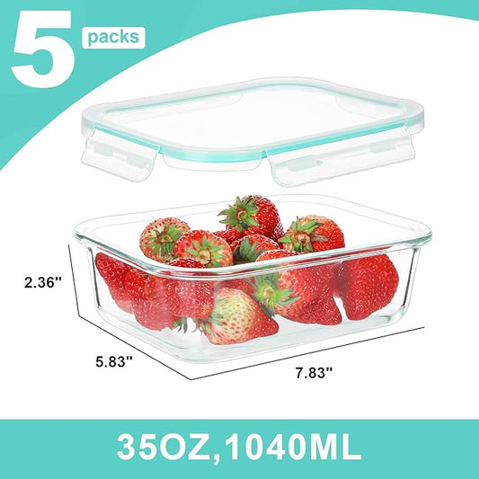 BAYZZ 35 Oz Glass Meal Prep Containers, 5 Pack Glass Food Storage Containers, Glass Bento Boxes with Lids-Dishwasher, Microwave, Oven & Freezer Friendly, Green