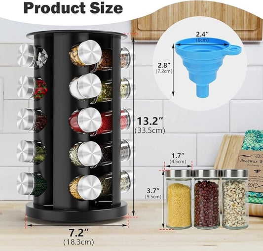 Rotating Spice Rack Organizer, Spice Tower for Countertop, Revolving Spice Rack Set for Cabinet, Black Steel Kitchen Seasoning Organizer with 20 Jars and Funnel