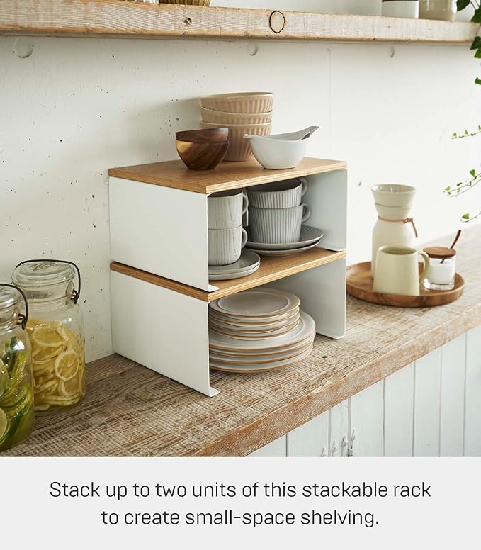 Yamazaki Home Wood-Top Stackable Kitchen Rack - Modern Counter Shelf Organizer Steel + WoodLargeWhite