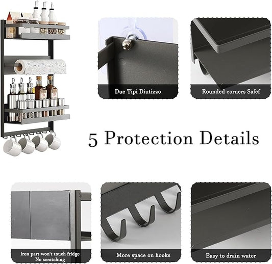 Magnetic Spice Rack For Refrigeratorwith 8-Hook，Magnetic Paper Towel Holder ，with Strong Adhesion, Rust-Proof & Space-Saving Design for Kitchen, Bathroom