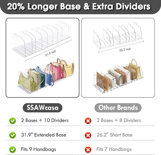 SSAWcasa Closet Purse Organizer, Purse Storage Organizer, Acrylic Purses Shelf Divider Holder, Clear Clutch Women Bag Organizers, Adjustable Handbag Separator Rack for Bathroom Office Bookshelf