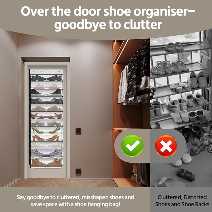 12 Pocket Over the Door Shoe Organizer,Reusable Breathable Large Mesh Bag Men's & Women's Sneaker Organizer,Shoe Organizer for Kids,Hanging Shoe Storage Hanging Bag (White)
