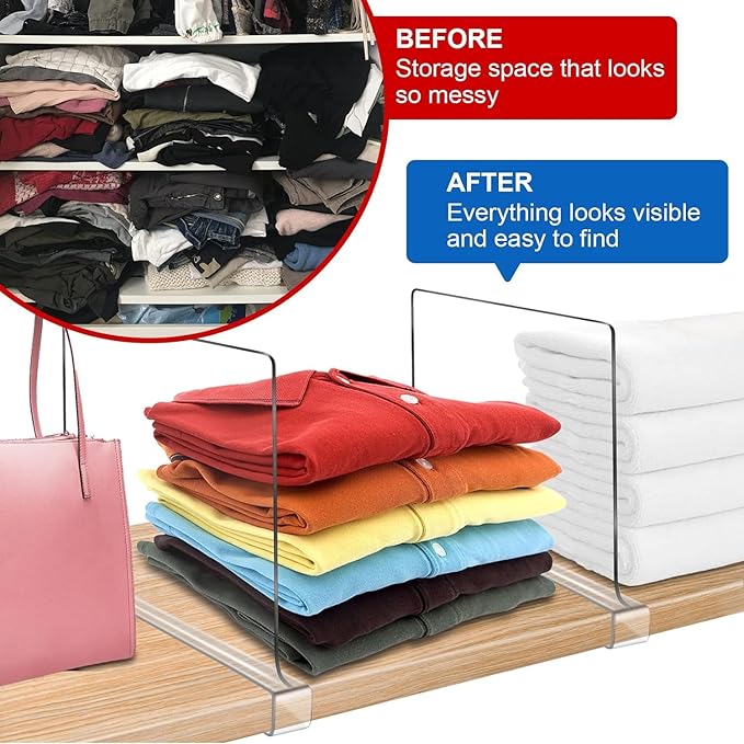 12 Inches [Extra Tall Version] Clear Shelf Dividers for Closet Organization and Storage, 6 Pack Purse Organizer for Closet Acrylic Adjustable Bookshelf for Organization, Perfect for Sweater, Clothes
