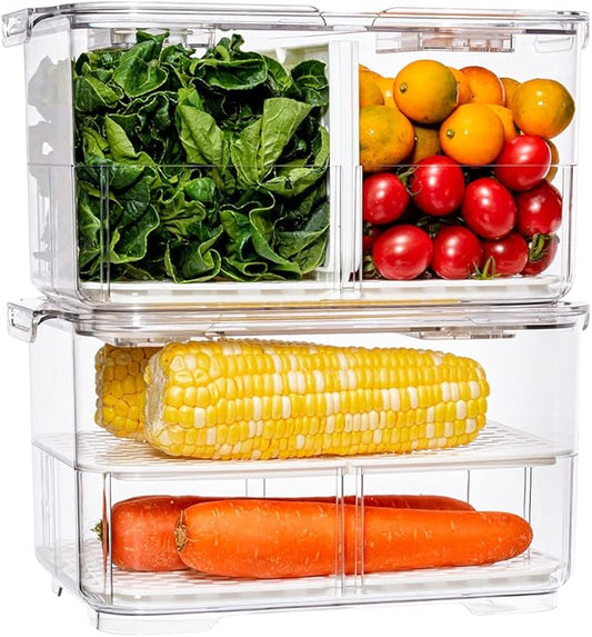 SANNO Fridge Food Storage Container Storage Containers, Produce Saver with Lids and Vents,Vegetable Fruit Storage Containers Stackable Salad Lettuce Keeper for Refrigerator，set of 2