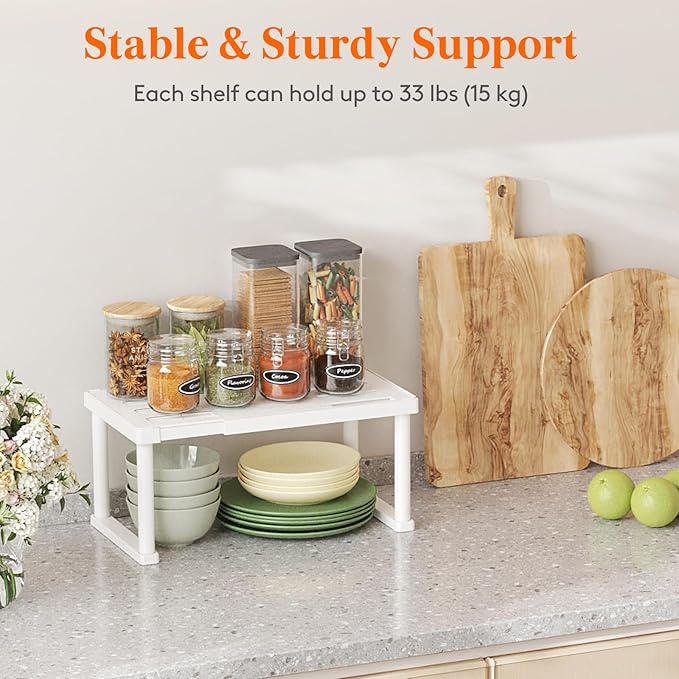 Lifewit Cabinet Shelf Organizer, Expandable Countertop Kitchen Shelves, Plastic Shelf Riser for Pantry Kitchen Storage and Spice Rack, Set of 4, White