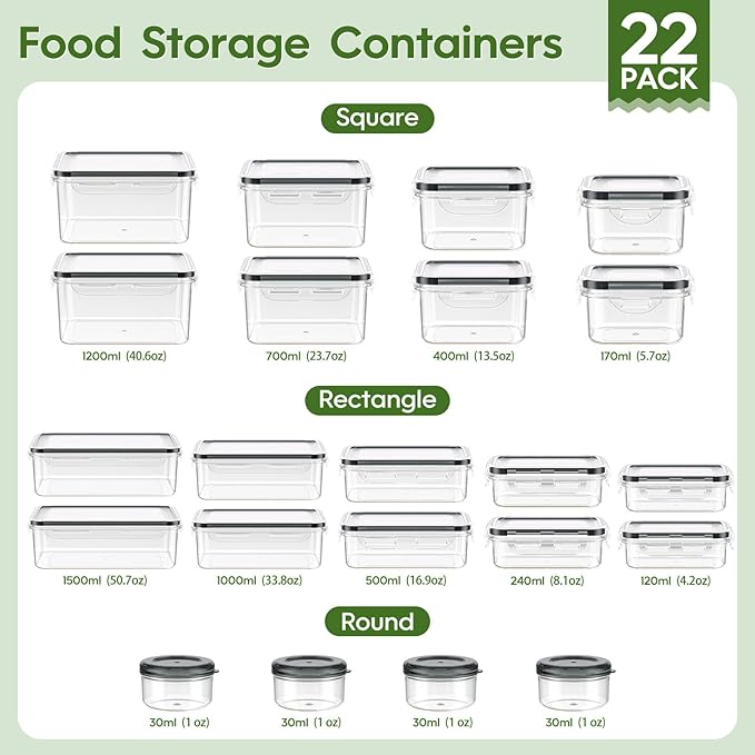44-Piece Food Storage Containers with Lids(22 Containers & 22 Lids), Plastic Food Containers for Pantry & Kitchen Storage and Organization, BPA-Free, Leak Proof, Reusable with Labels & Pen
