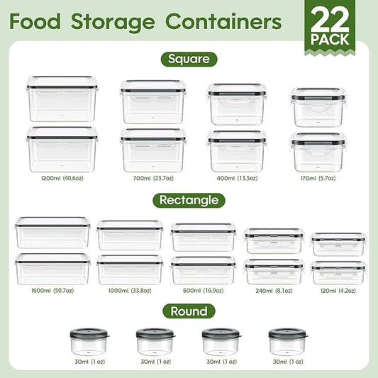 44-Piece Food Storage Containers with Lids(22 Containers & 22 Lids), Plastic Food Containers for Pantry & Kitchen Storage and Organization, BPA-Free, Leak Proof, Reusable with Labels & Pen