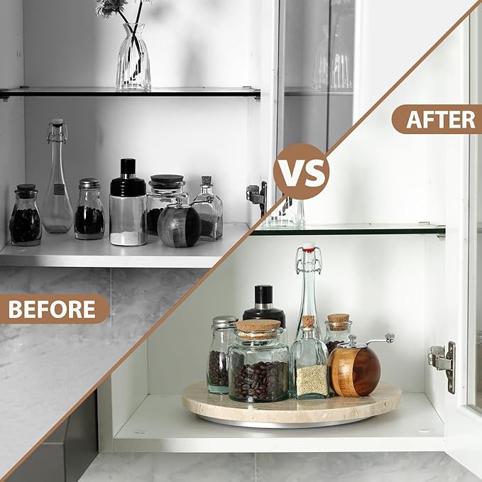 Travertine Lazy Susan for Table Top, 12 in Lazy Susan Turntable Organizer for Cabinet Pantry Kitchen Countertop Fridge Bathroom Makeup Vanity Countertop