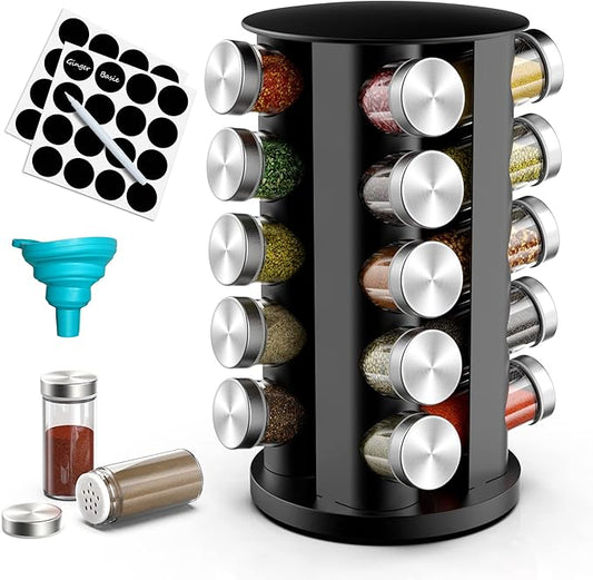 Revolving Spice Rack Organizer with 20 Jars, Spice Organizer for Cabinets Countertop, Stainless Steel Seasoning Organizer Rotating Tower Organizer Spice Storage Holder Shelf for Kitchen (No Spices)