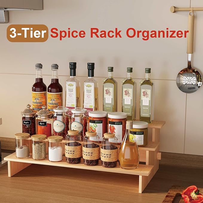 JinDoWin 3 Tiered Spice Rack Organizer for Cabinet,Spice Organization for Cabinet,Seasoning Organizer,Spice Shelf and Spice Organizer for Cabinet,Pantry Organizers and Storage (1 Pack, Medium)