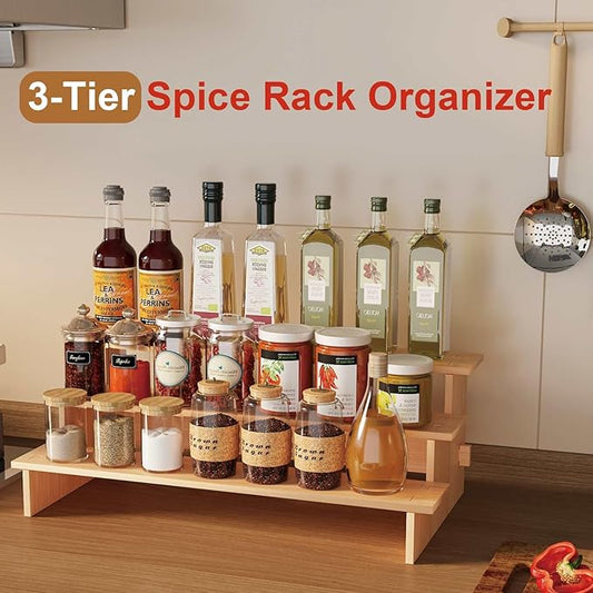 JinDoWin 3 Tiered Spice Rack Organizer for Cabinet,Spice Organization for Cabinet,Seasoning Organizer,Spice Shelf and Spice Organizer for Cabinet,Pantry Organizers and Storage (1 Pack, Medium)