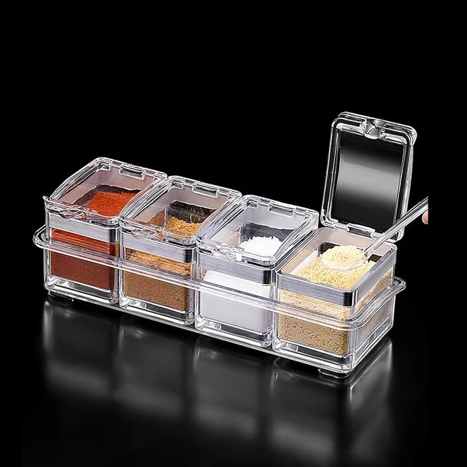 Tenta Kitchen Gourmet Acrylic Seasoning Box - Premium Quality Pure Acrylic Container and Case- 18/8 Stainless Steel Ring - 4 Serving Spoons -Luxurious Condiment Cruet Bottle, Spice Jar Set