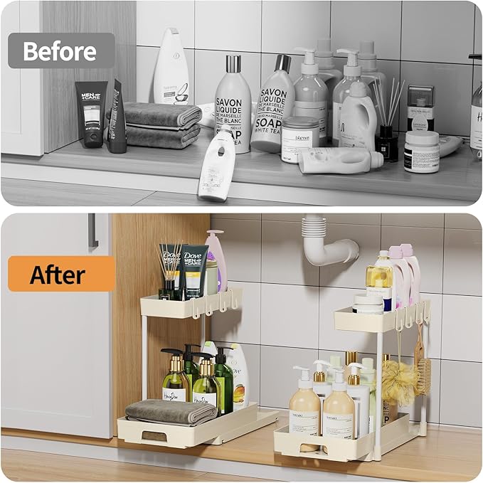 Delamu 2 Pack Under Sink Organizers and Storage, L-Shape Beige Under Bathroom Kitchen Sink Organizer with Drawer for Under Sink Storage Organizer