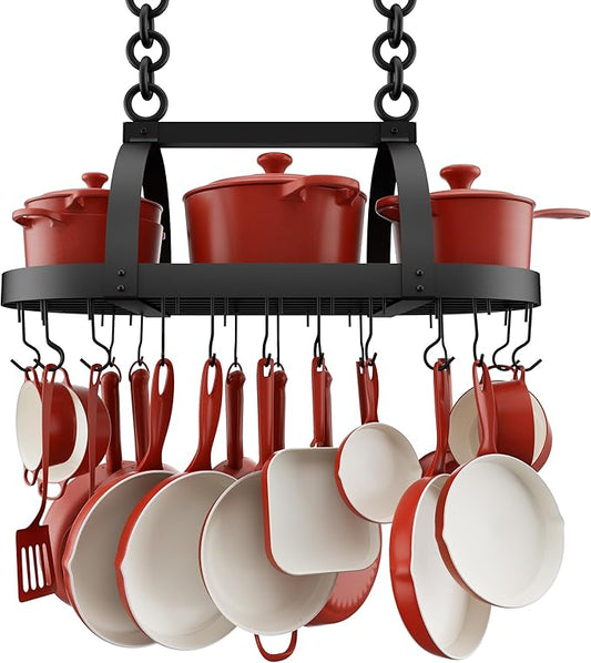 KES Ceiling Pot Rack 34-Inch Hanging Pot Rack for Kitchen Oval Pot and Pan Rack Matte Black Pot Hanger with 20 S Hooks (For 16" and 24" Stud Mount), KUR221S85-BK