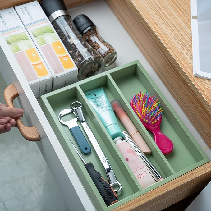 Silverware Organizer Bamboo Kitchen Drawer Organizer, Flatware Organizer Tray for Kitchen, Flatware, Utensils（Green）