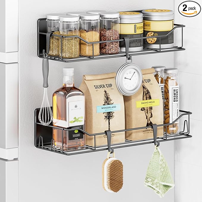 Magnetic Spice Rack for Refrigerator, 2 Pack Strong Magnet Spice Organizer Shelves with Hooks, Magnetic Fridge Shelf for Kitchen Organization and Storage, Seasoning Organizer Gadgets (Black)