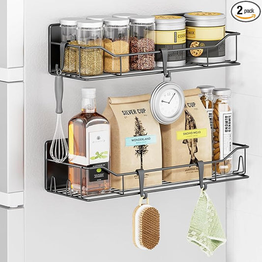 Magnetic Spice Rack for Refrigerator, 2 Pack Strong Magnet Spice Organizer Shelves with Hooks, Magnetic Fridge Shelf for Kitchen Organization and Storage, Seasoning Organizer Gadgets (Black)