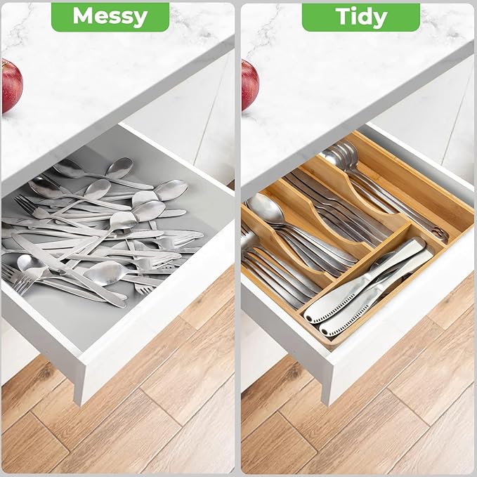 Bamboo Silverware Organizer,Wooden Silverware Tray for Drawer, Utensil Drawer Organizer in Kitchen for Spoons Forks Knives, Multipurpose Use, Eco-Friendly, Large