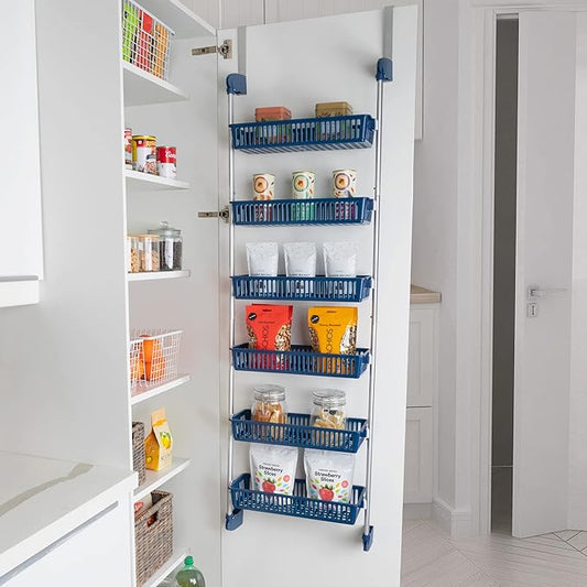 Smart Design Over-The-Door Organizer for Storage – Perfect for Pantry Organization, Bedroom, Bathroom Storage, Playroom, or Kitchen - Adjustable Steel Frame with 6 Baskets & Wall Mount – Blue …
