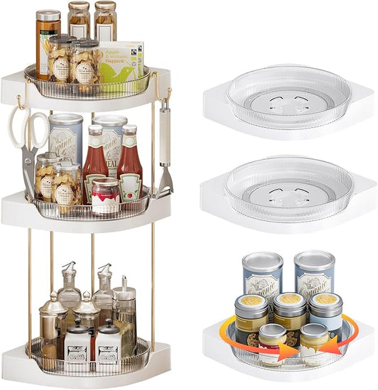 3 Pack Lazy Susan Turntable - Corner Spice Organizer for Cabinet - 9 Inch Rotating Condiment Rack Storage for Refrigerator, Pantry, Kitchen, Vanity, Bathroom Countertop (3 Tier-Clear)
