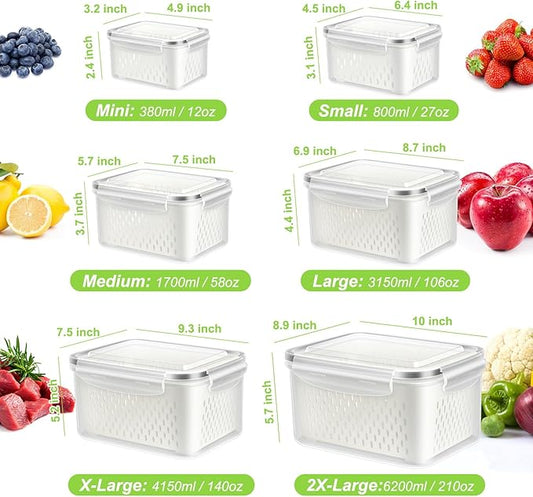 12 Pieces Fruit Storage Containers For Fridge, BPA-Free Fresh Food Containers with Removable Colanders and Airtight Lids, Keep Fresh for Fruit Berry Produce Vegetable, Dishwasher & Microwave Safe