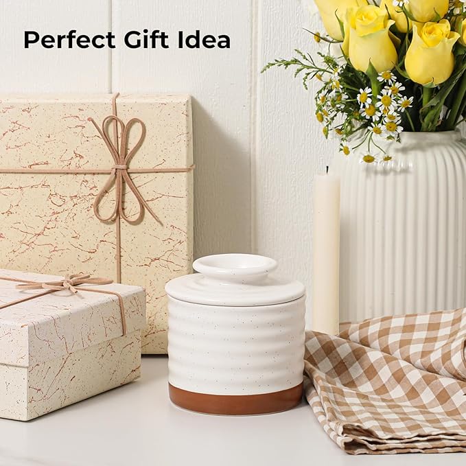 Y YHY Butter Dish with Lid for Countertop, Butter Crock for Counter with Water, Butter Holder for Soft Spreadable Butter, Butter Keepers to Leave on Counter as Kitchen Decor Ideal Gift, Off-white