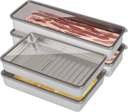 4 Pcs Deli Containers with Lids, Bacon Container for Refrigerator, Fridge Organizer, Cheese Container for Fridge, Dishwasher Safe Long Deli Meat Storage Containers Fruit Tray with Lids