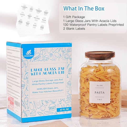 High Borosilicate Glass Jar with Airtight Acacia Lid and 132 Kitchen Panty Labels Preprinted - 67 Fl Oz Thicken Glass Food Storage Container Canister for Coffee, Brown Sugar, Candy, Cookie, Cereal