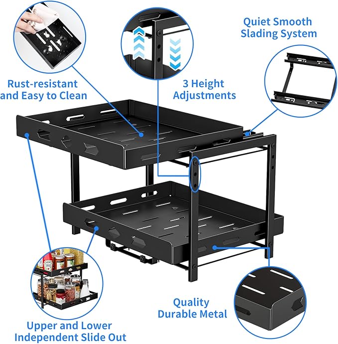 spice organization for cabinet, 2-Tier Cabinet Spice Rack Organizer, Height Adjustable Vertical Spice Rack for Kitchen Cabinet (14.1''Wx10.8''Dx9.2''H, Metal Black)