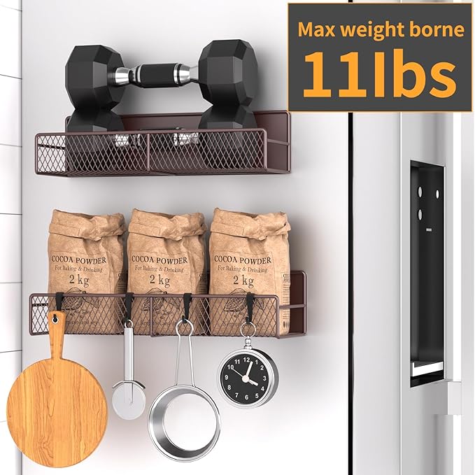 Magnetic Spice Rack for Refrigerator, 2 Pack 100% Metal Strong Magnet Shelf, Space Saving Spice Organizer W/ Hooks, Movable Magnetic Fridge Shelf, Kitchen Home Laundry Room Storage Organization, Brown