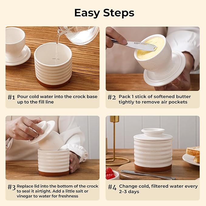 Y YHY Butter Dish with Lid for Countertop, Butter Crock for Counter with Water, Butter Holder for Soft Spreadable Butter, Butter Keepers to Leave on Counter as Kitchen Decor Ideal Gift, Off-white