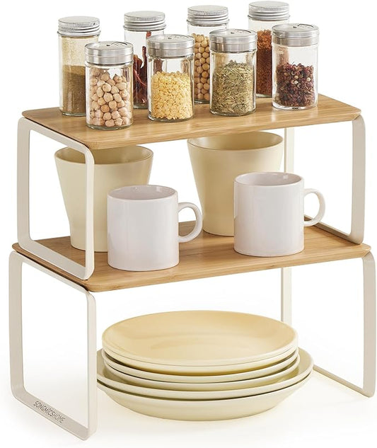 SONGMICS HOME Bamboo Cabinet Organizer Shelf, Nice-Looking Set of 2 Kitchen Counter Shelves, Kitchen Storage, Spice Rack, Stackable, Expandable，Natural Beige UKCS050N01V1