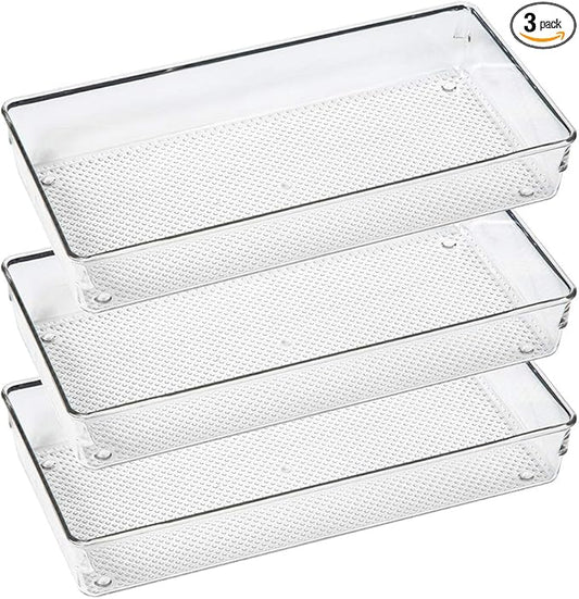 3 Pack Clear Plastic Drawer Organizer Tray Cutlery Utensil Makeups Drawer Organizers 12" X 6"