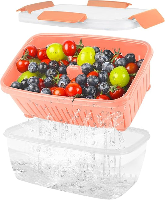 Shopwithgreen 68oz Berry Keeper Fruit Storage Container for Fridge, Fresh Food Produce Saver Containers with Removable Drain Colanders and Lid, Vegetable Lettuce Keeper Bowl for Refrigerator Organizer