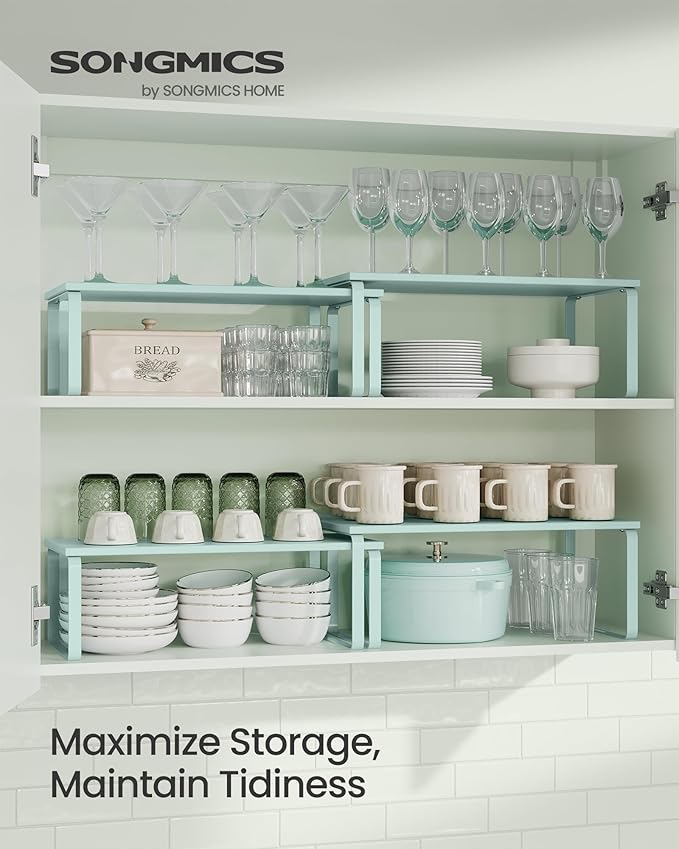 SONGMICS Cabinet Organizer Shelf, Set of 2 Kitchen Counter Shelves, Kitchen Storage, Spice Rack, Stackable, Expandable, Metal and Engineered Wood, Moonlight Green UKCS200C01
