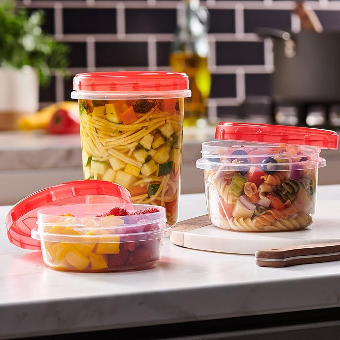 PLASTICPRO 12 Pack Twist Cap Food Storage Containers with Red Screw on Lid- 8 oz Reusable Meal Prep Containers - Freezer and Microwave Safe Red Plastic Food Storage