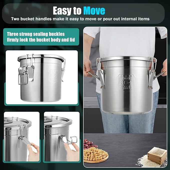 304 Stainless Steel Airtight Canister, Rice Cereal Grain Canisters Container, 6/12/21/33/48 Liters Food Bean Flour Oil Sugar Milk Cookie Storager Bucket w/Handles & Lid for Household Kitchen (12L)