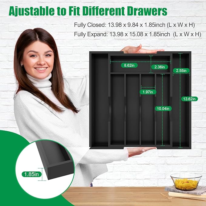 BAMBUROBA Bamboo Kitchen Drawer Organizer,Expandable Silverware Organizer,Utensil Holder and Cutlery Tray with 7 Slots,Gadgets Storage Divider,Black