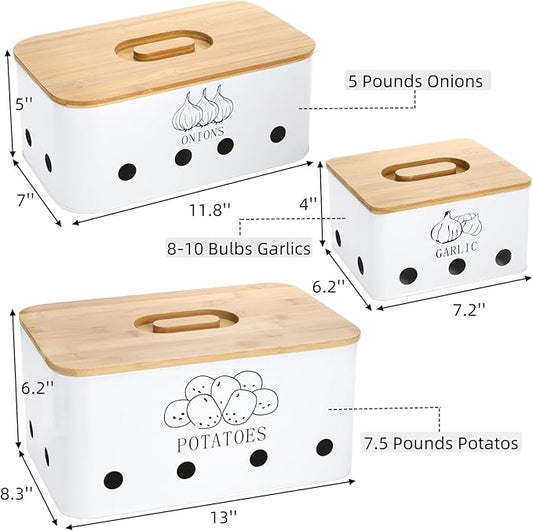 3 Pack Potato Onion Garlic Storage Set, Iron Vegetable Storage Bins with Holes Bamboo Lids, Stackable Kitchen Organization Container Storage Tin for Countertop Pantry