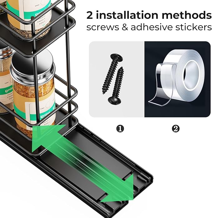 Pull Out Spice Rack Organizer for Cabinet, Slide Out Spice Racks, Easy to Install Spice Cabinet Organizer, 2.75''Wx10.35''Dx8.26''H, 1 Drawers 2 Tiers（Black）