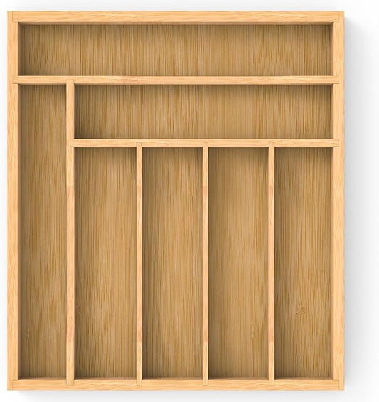 Bamboo Kitchen Drawer Organizer, Utensils Organizer Cutlery Tray Holder, 7-Slot Drawer Divider for Silverware, Flatware