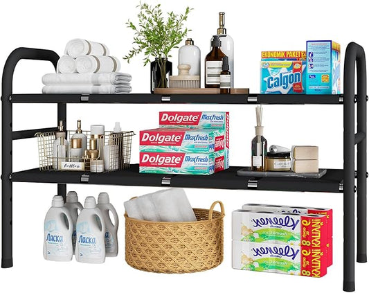 Expandable Under Sink Organizers, 2-Tier Kitchen Bathroom Cabinet Storage Counter Shelf, Shoe Storage Rack with 8 Removable Plastic Boards for Kitchen, Bathroom, Pantry, Entryway, Closet