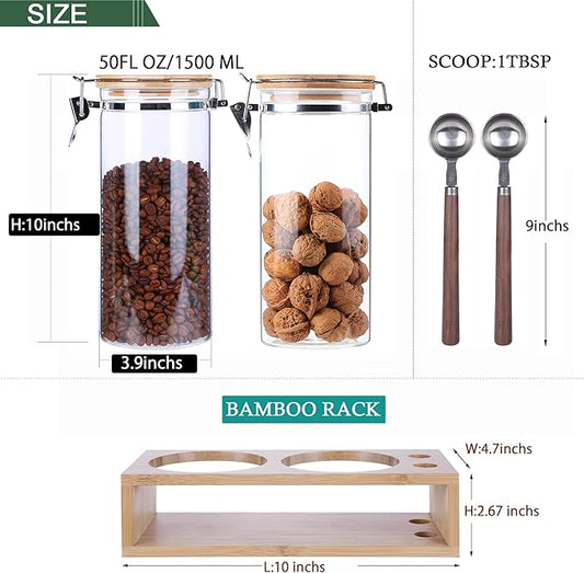 KKC HOME ACCENTS Airtight Glass Coffee and Sugar Storage Canisters with Sealed Clamp Lids and Scoops, Air tight Glass Coffee bean Containers for Ground Coffee,Loose Leaf Tea,Brown Sugar,50 FL OZ