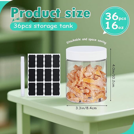 36pcs 16 oz Plastic Containers with Lids Pen Labels Leak Proof BPA Free Airtight Refillable Clear Small Containers Storage Jars for Storing Dry Food Makeup Slime Honey Jam,white