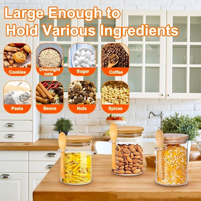 【Father’s Day Gift】6 Pack Glass Jar with Bamboo Lids, 18.5Oz Glass Containers with Airtight Bamboo Lid,100% Sealed overnight oats jars salad prep jars for Candy Coffee Beans Sugar Nuts Cookies