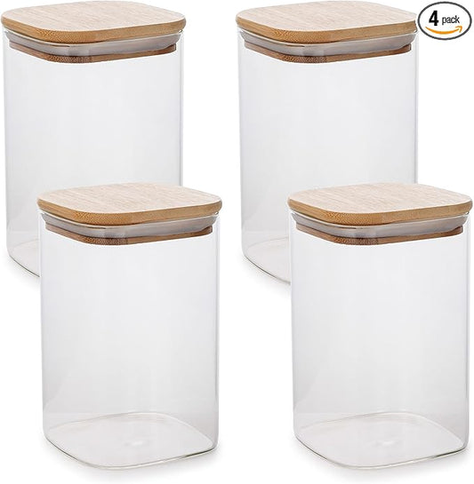 32oz Square Borosilicate Glass Canister With Bamboo Lid, Airtight Pantry Storage Jar Containers Ideal for Rice, Candy, Sugar, Flour, Nuts, Cookies and Coffee Beans (4 Pack)