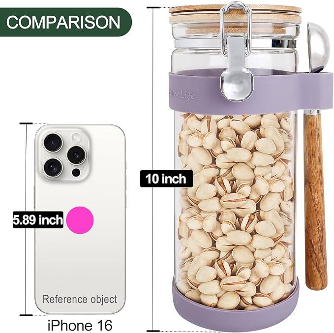 KKC HOME ACCENTS Airtight Clear Glass Food Storage Container with Clamp Lid and Scoop,Glass Sealed Jar Canister for Coffee Bean,Cocoa,Peanut,Pecan,Walnut,Nutmeg,Nut,50 Fluid Ounce