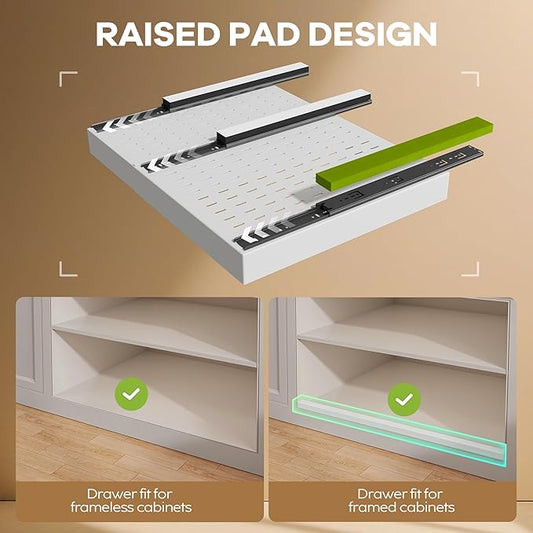 2 Pack Pull out Cabinet Organizer 21"Deep With Raising Pad for Framed Cabinets, Expandable Slide out Drawers for Kitchen Cabinets with 4pcs Divider Racks, Roll out Shelves 15.2"-26.3"W White